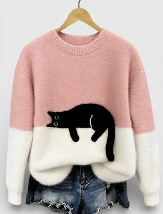 Women's Fluffy Color Block Sweater Classic Crewneck Relaxed Fit Casual Wear