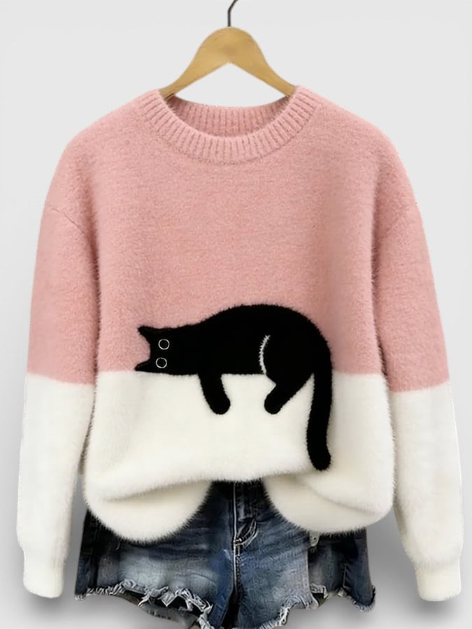 Women's Fluffy Color Block Sweater Classic Crewneck Relaxed Fit Casual Wear