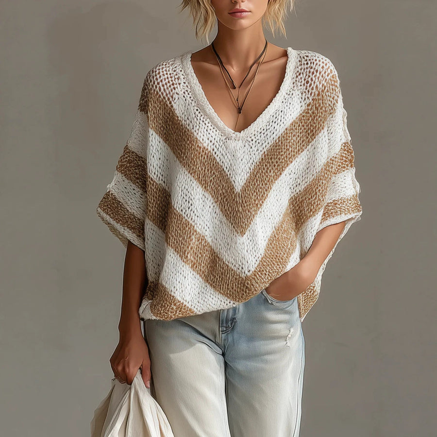 Women's Colour-Blocked V-Neck Pullover Loose-Knit Sweater Knitwear for Autumn Winter Layering Cosy Days and Everyday Wear