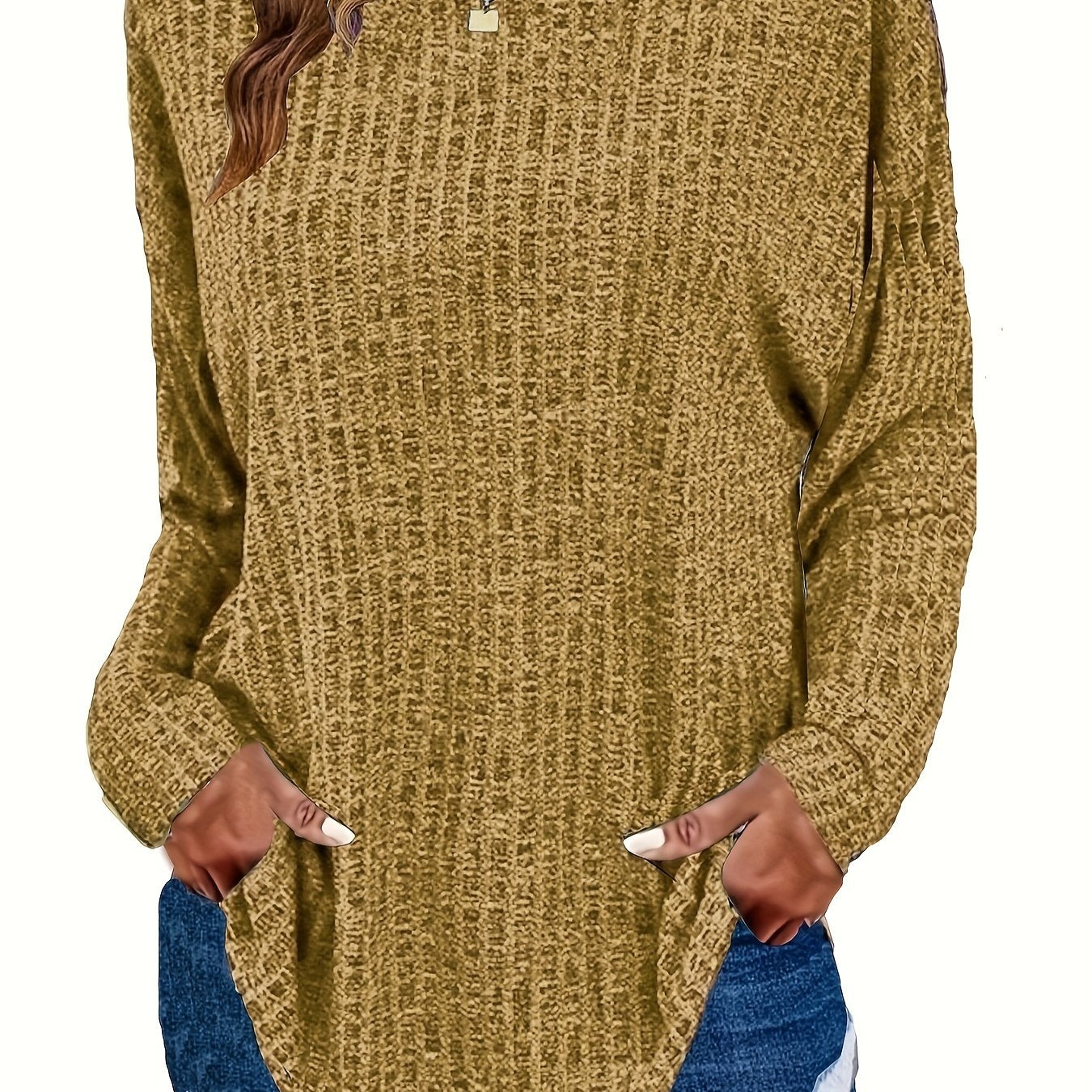Women's Waffle Knit Tunic Sweater Curved Hem Long Sleeve Casual Everyday