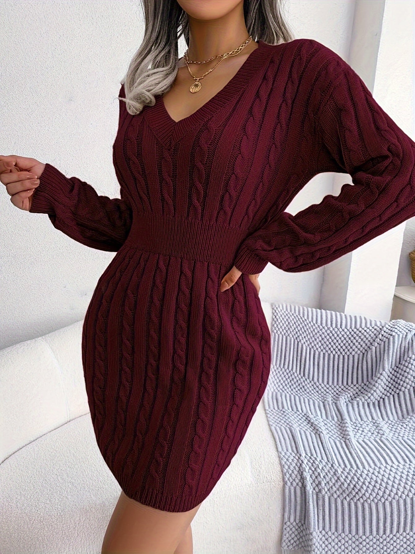 Women's Cable-Knit Peplum Sweater Dress Long Sleeve V-Neck Cozy Midi