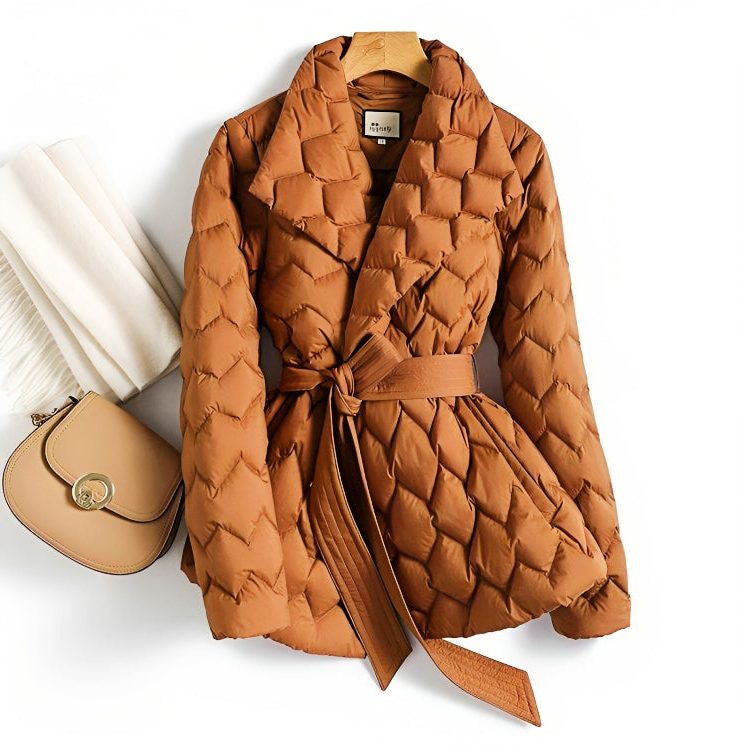 Women's Quilted Puffer Jacket Belted Waist Warm Stylish Winter Outerwear