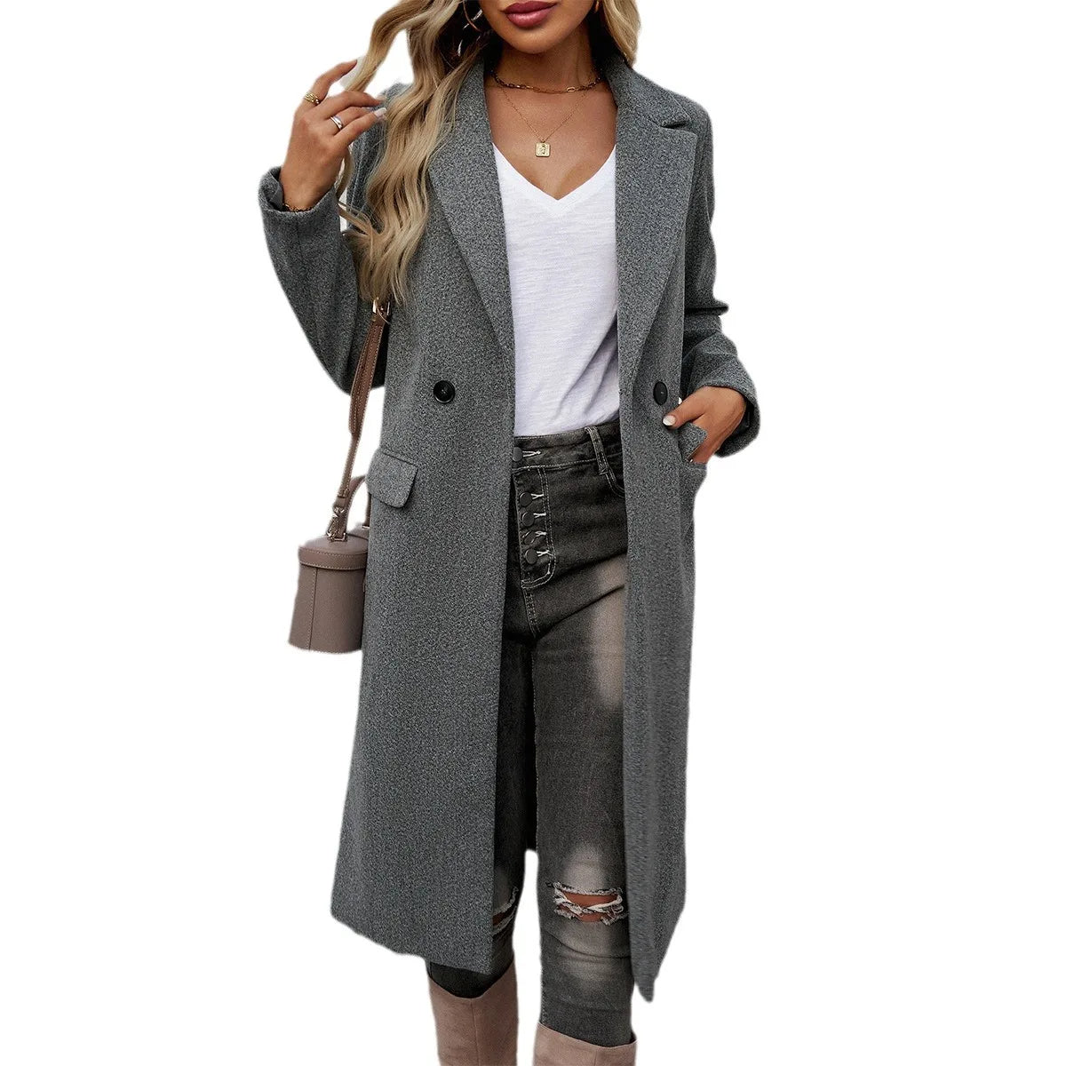 Women's Trench Coat Long Notch Collar Double-Breasted Classic Stylish Outerwear