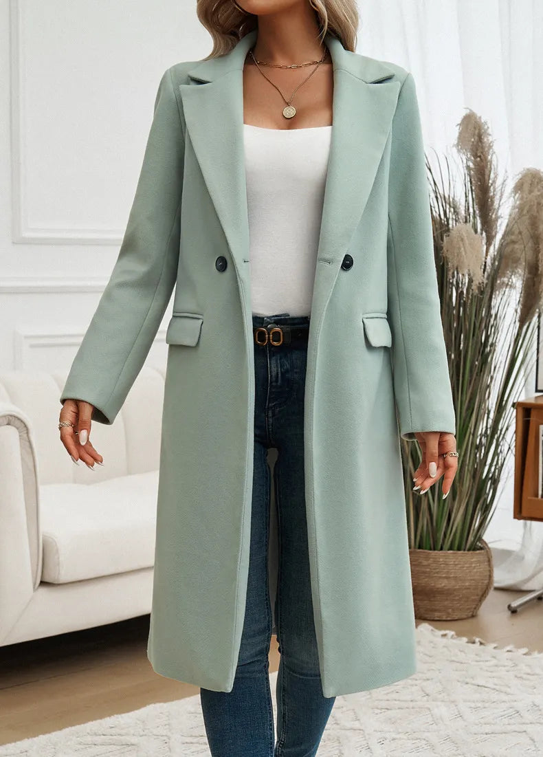 Women's Trench Coat Long Notch Collar Double-Breasted Classic Stylish Outerwear