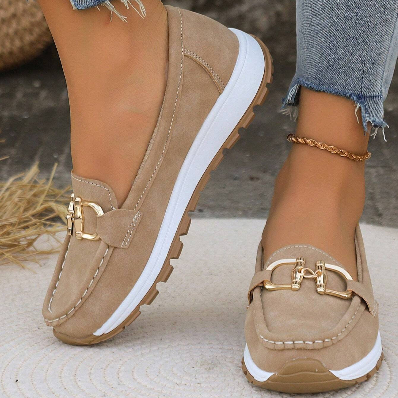 Women's Slip-On Loafers Gold Buckle Stylish Everyday Casual Footwear