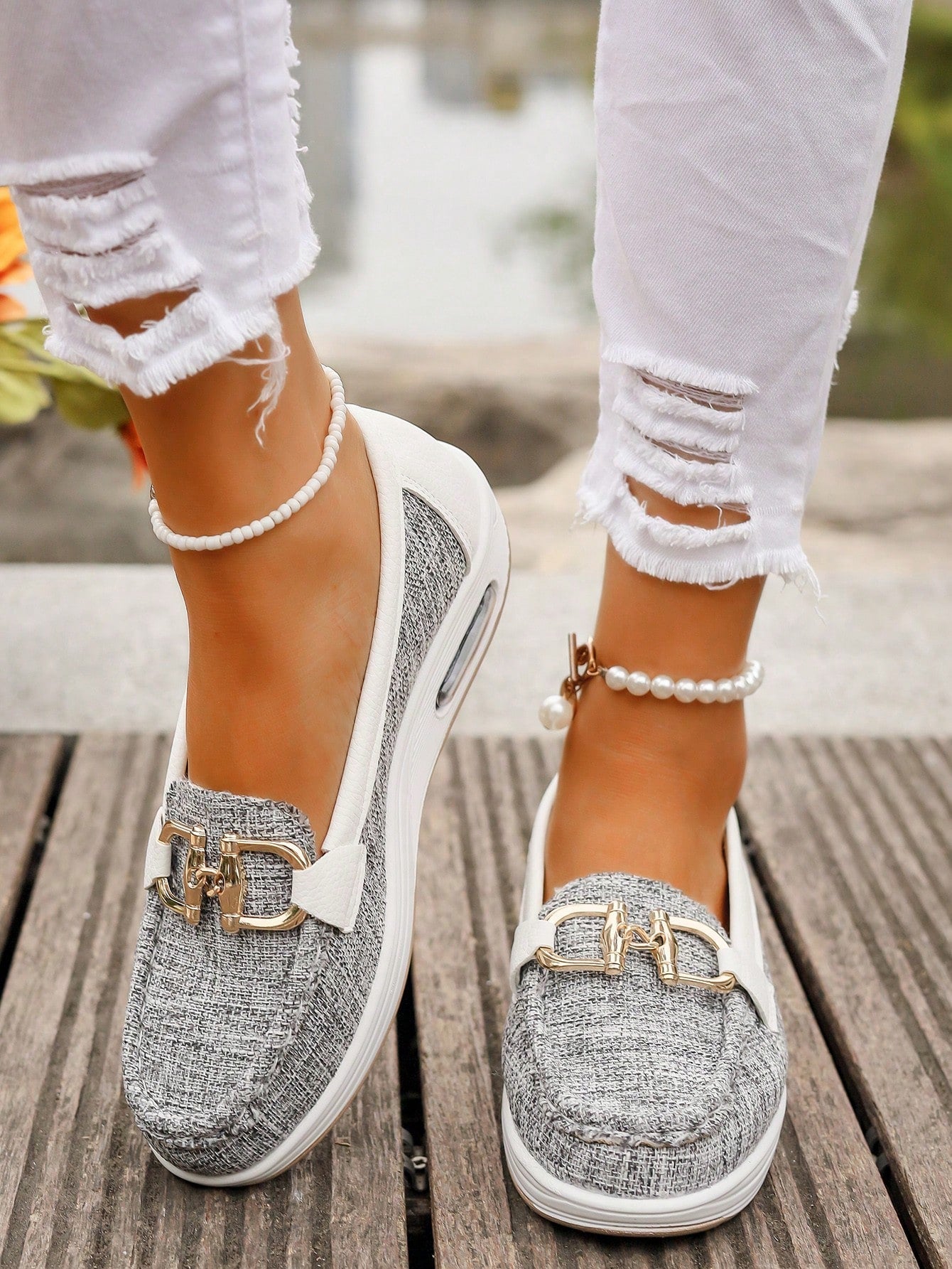 Women's Slip-On Loafers Gold Buckle Stylish Everyday Casual Footwear