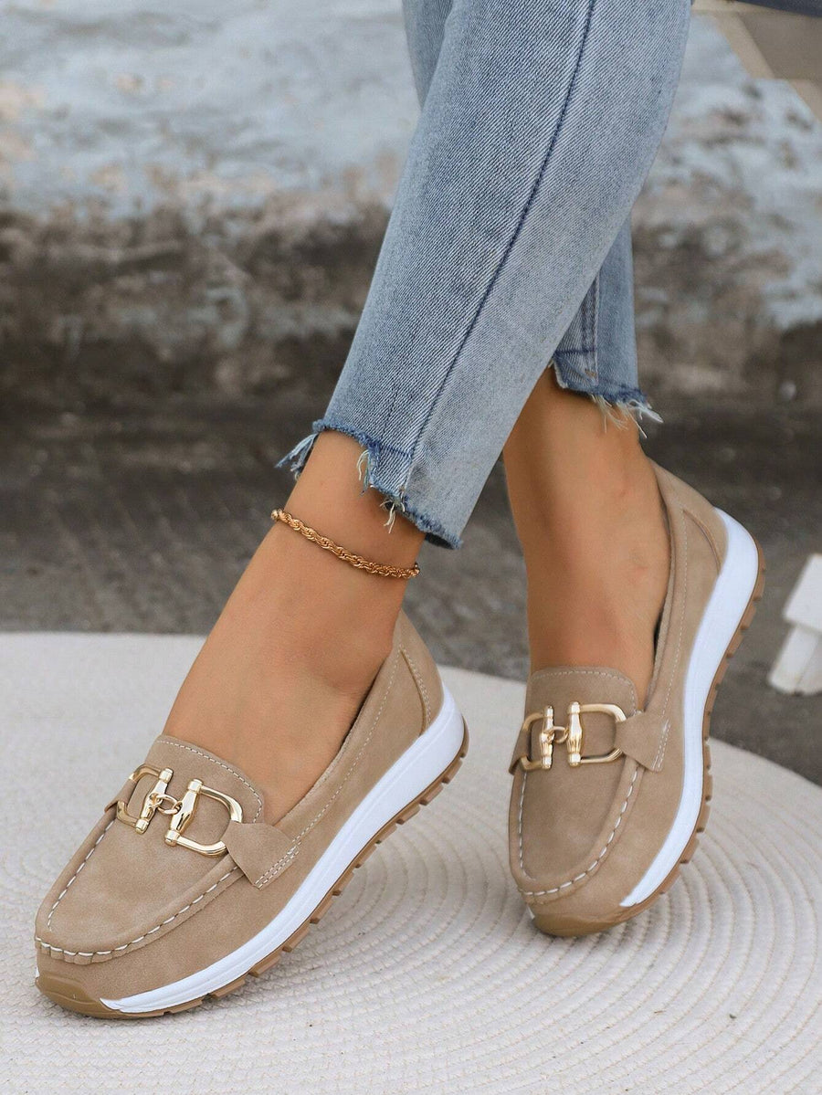 Women's Slip-On Loafers Gold Buckle Stylish Everyday Casual Footwear
