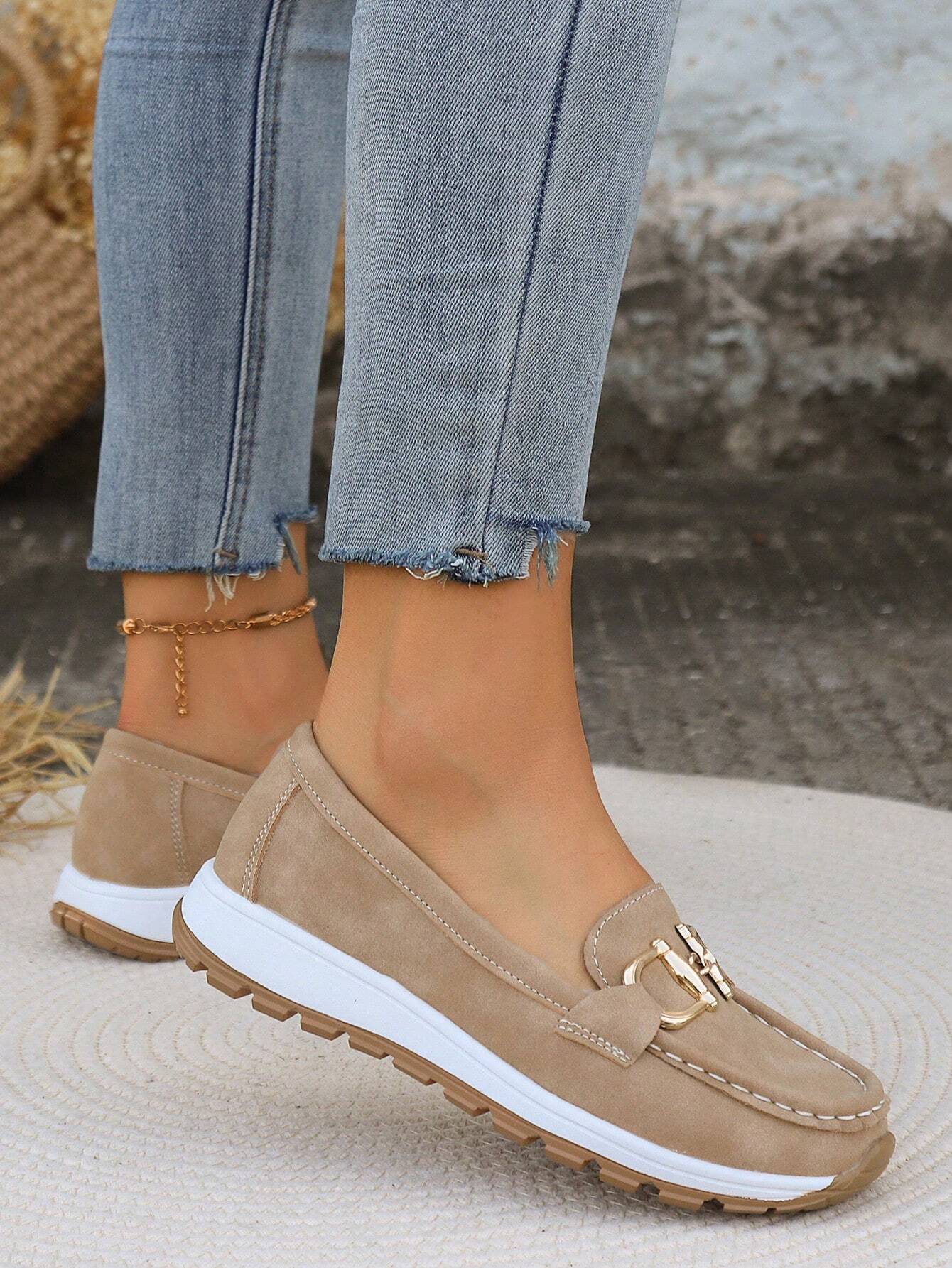 Women's Slip-On Loafers Gold Buckle Stylish Everyday Casual Footwear