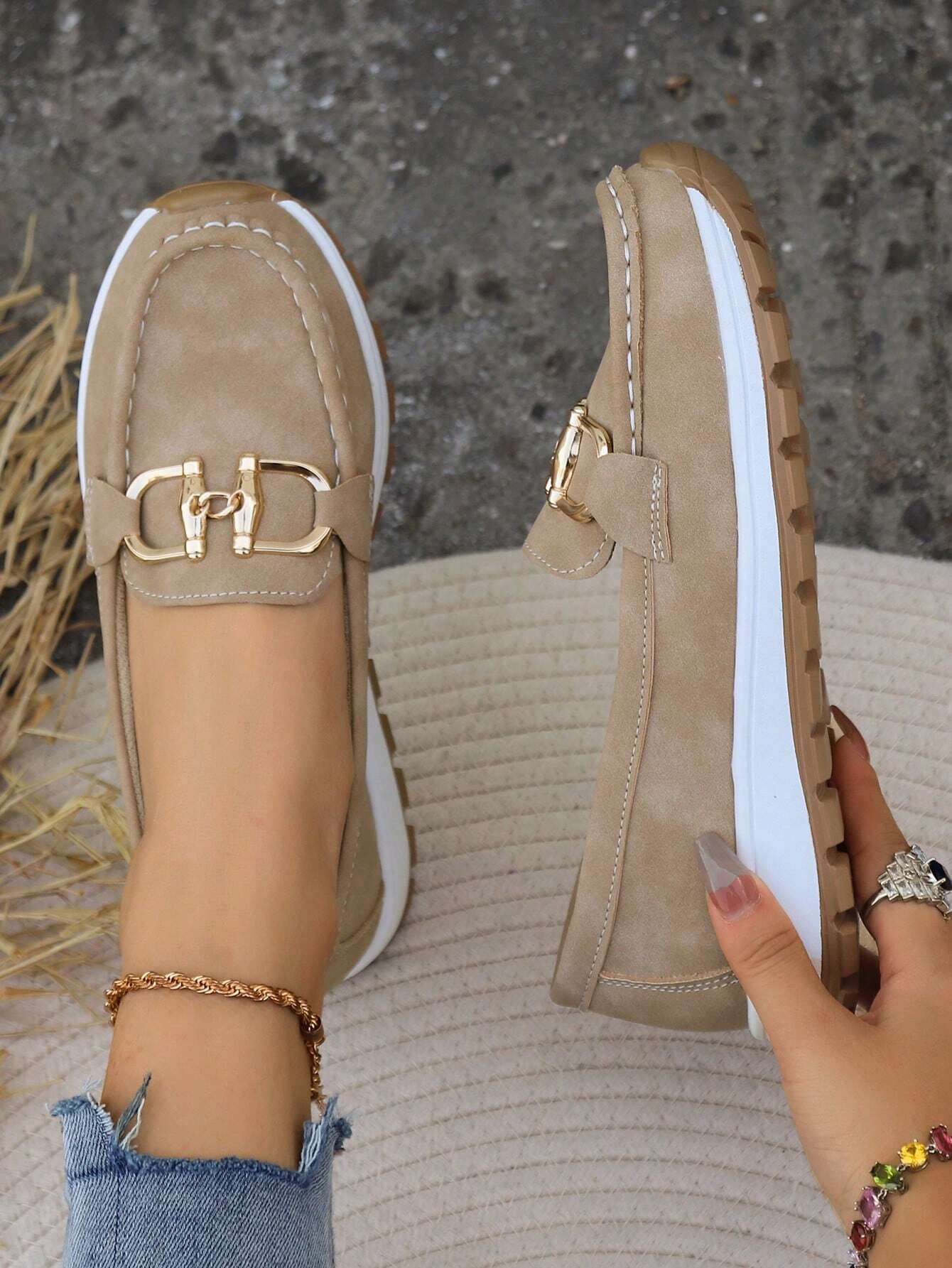 Women's Slip-On Loafers Gold Buckle Stylish Everyday Casual Footwear