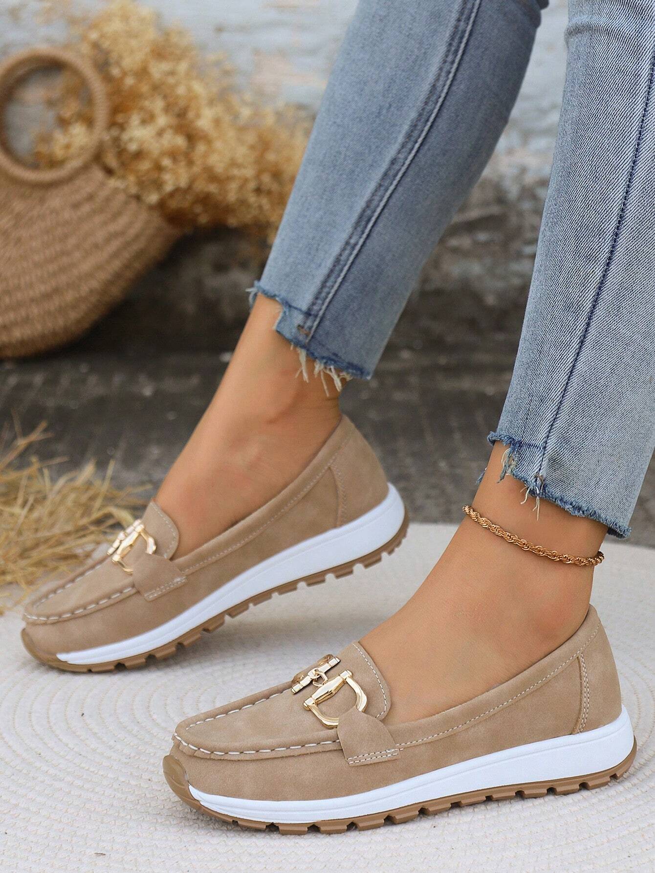 Women's Slip-On Loafers Gold Buckle Stylish Everyday Casual Footwear