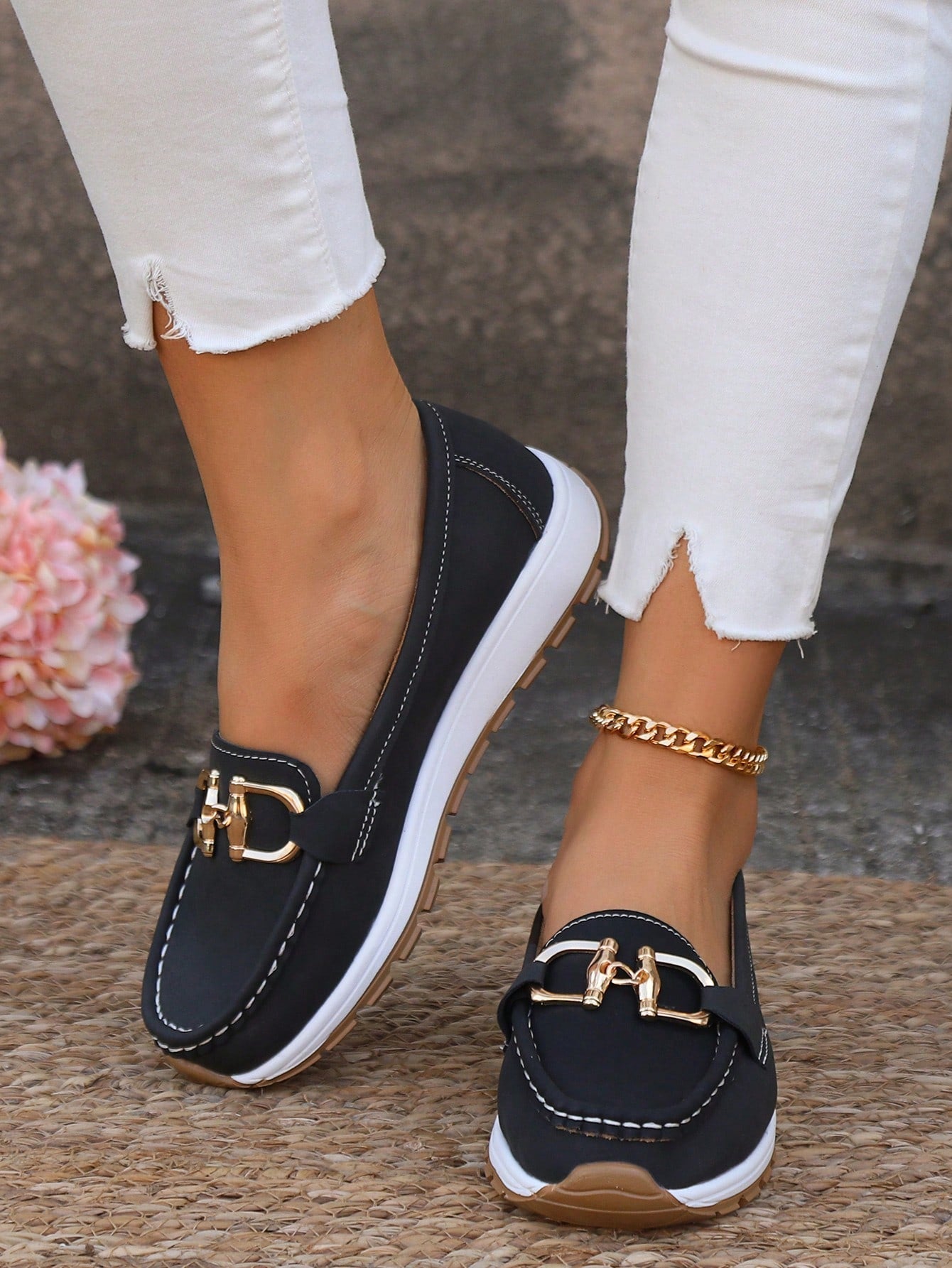 Women's Slip-On Loafers Gold Buckle Stylish Everyday Casual Footwear