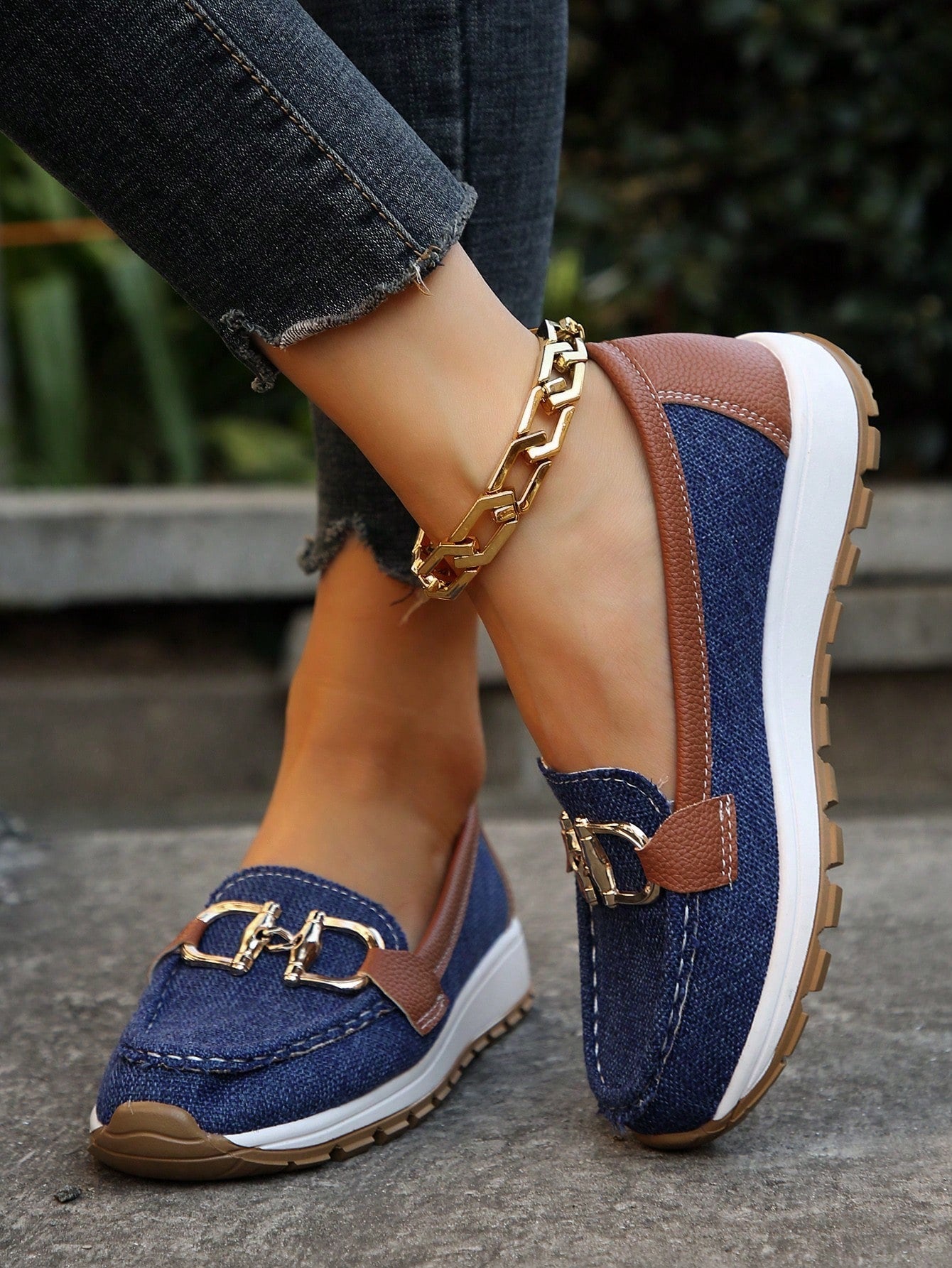 Women's Slip-On Loafers Gold Buckle Stylish Everyday Casual Footwear