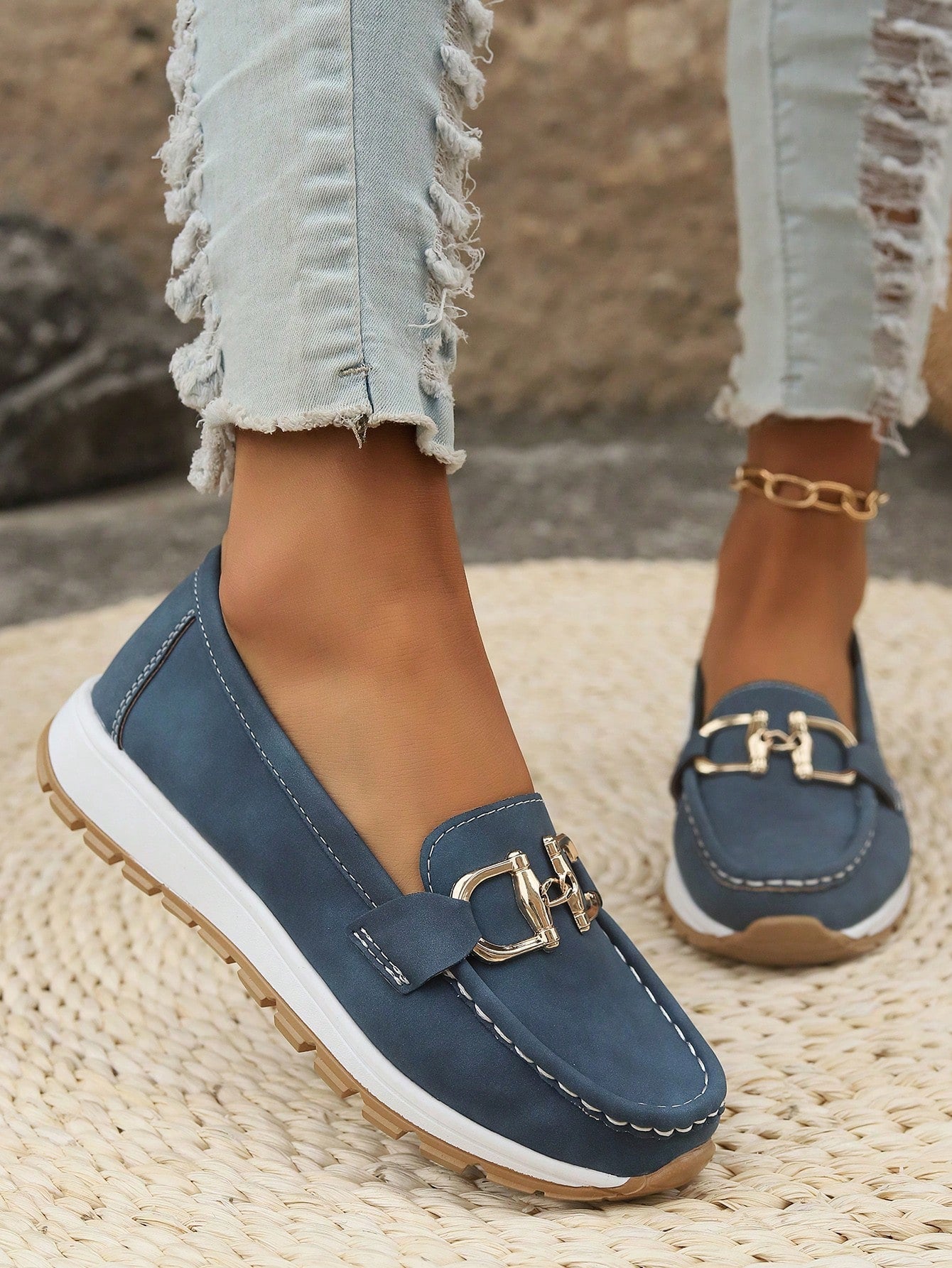 Women's Slip-On Loafers Gold Buckle Stylish Everyday Casual Footwear