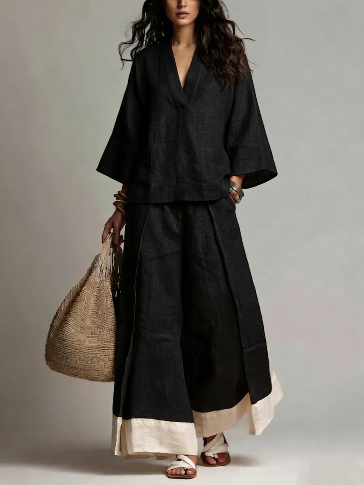 Women's Casual V-Neck Shirt Wide-Leg Pants Set Outfit for Work Brunch Casual Days and Everyday Wear