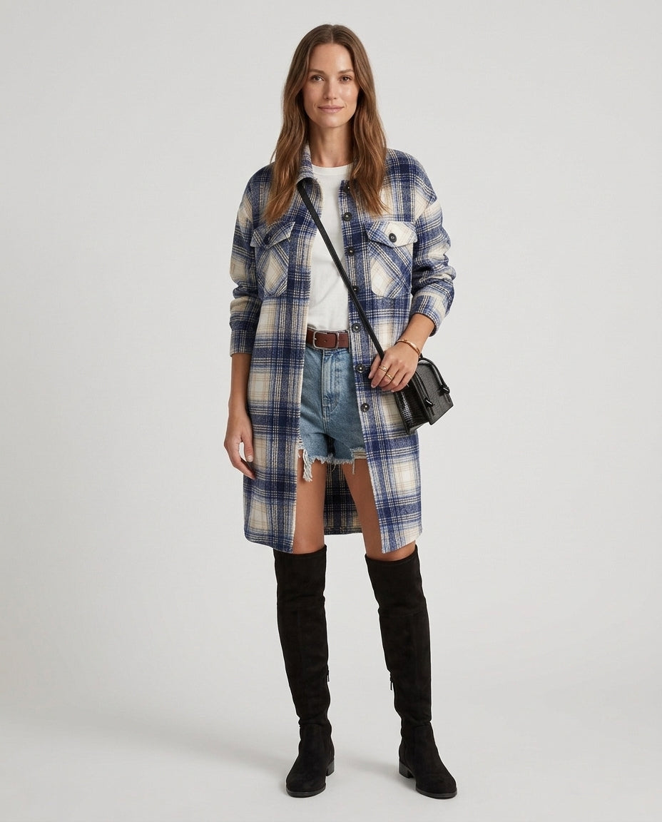 Women's Plaid Flannel Longline Shirt Jacket