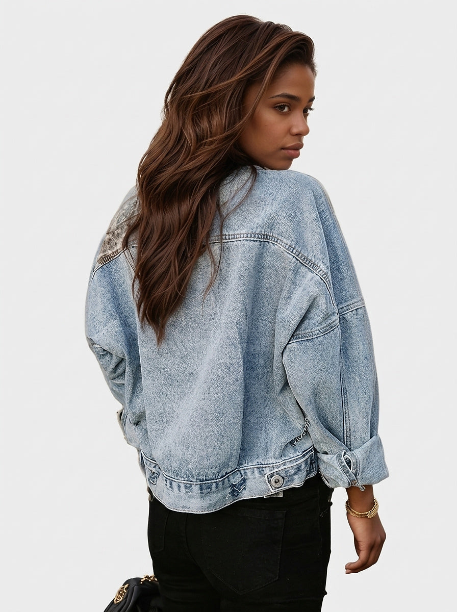 Women’s Denim Jacket with Leopard Print Panels