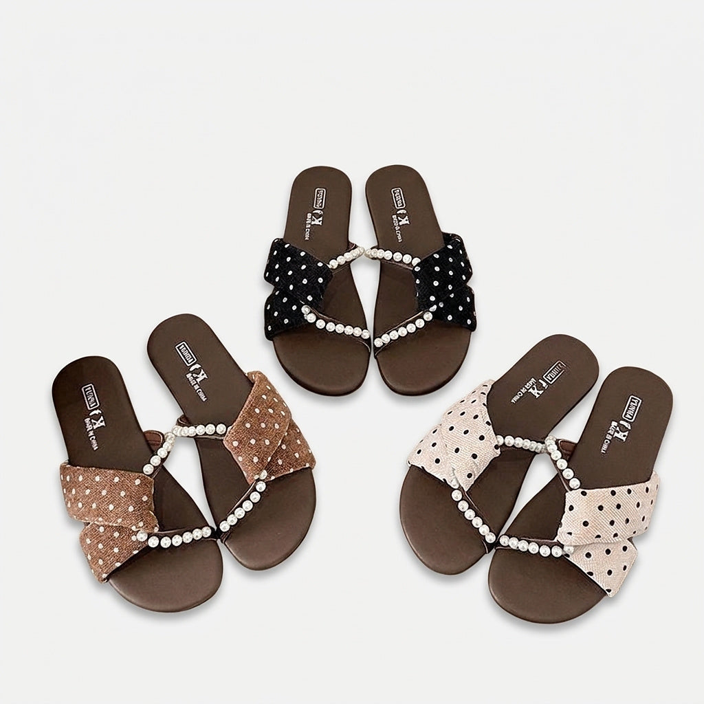 Women’s Flat Slide Sandals with Pearl Embellishments