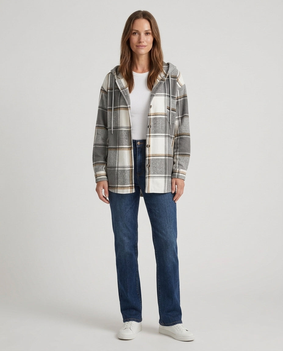 Women’s Plaid Hooded Jacket with Button Front