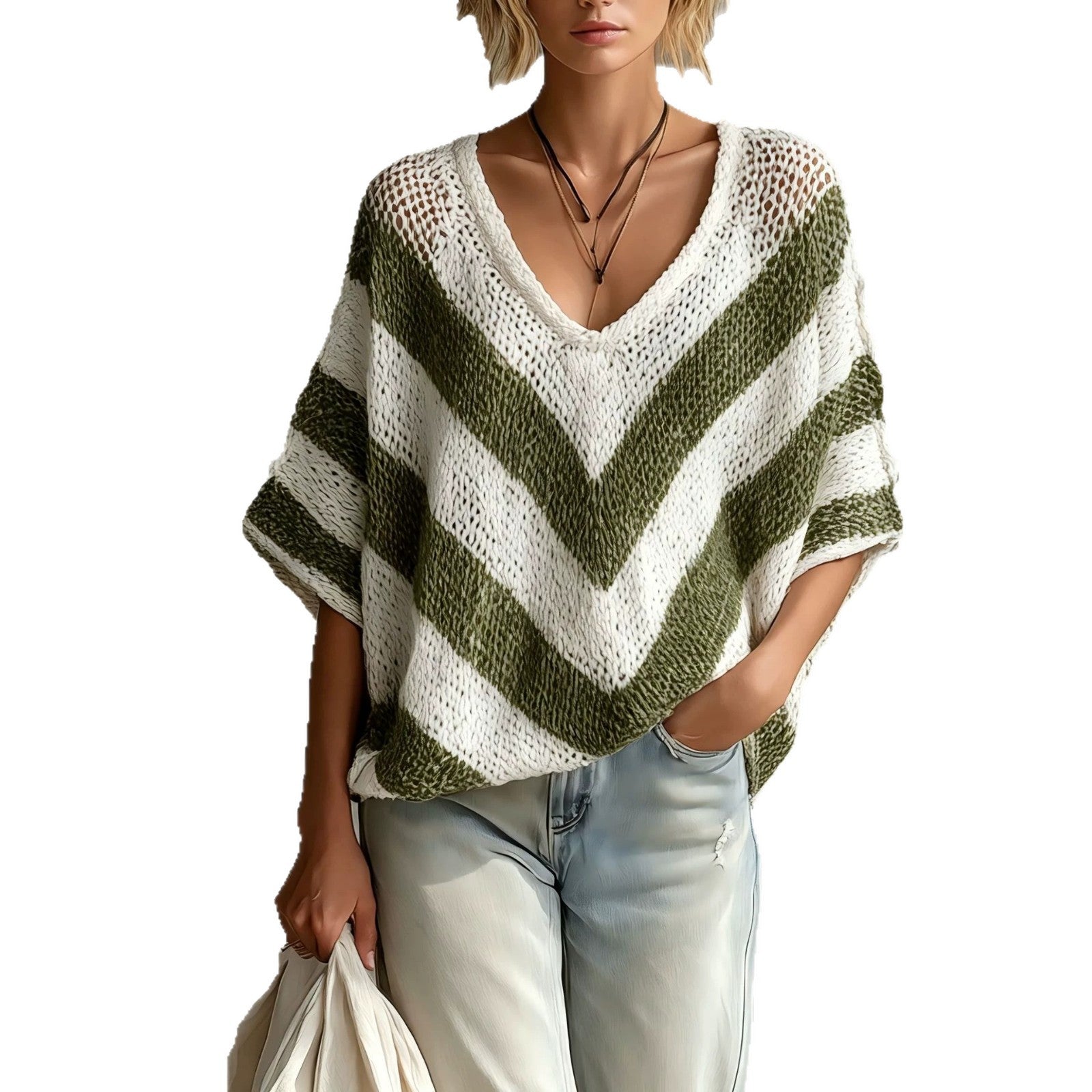 Women's Colour-Blocked V-Neck Pullover Loose-Knit Sweater Knitwear for Autumn Winter Layering Cosy Days and Everyday Wear