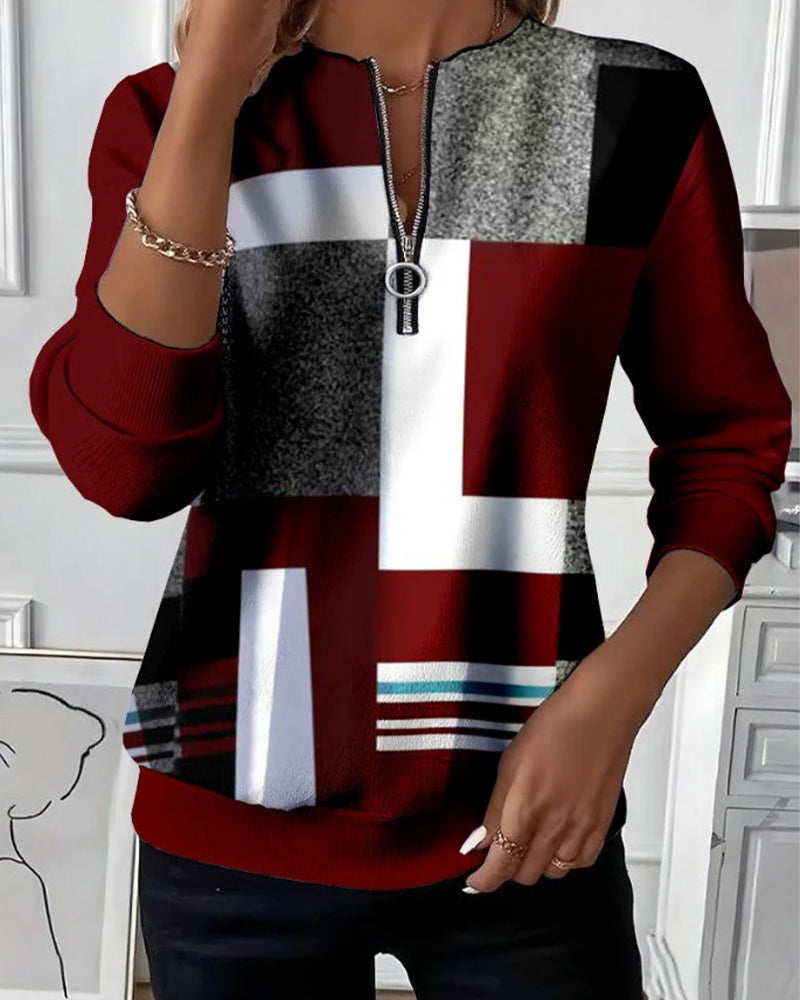 Women's Geometric Zipper Sweater Long Sleeve Fitted Casual Everyday Stylish