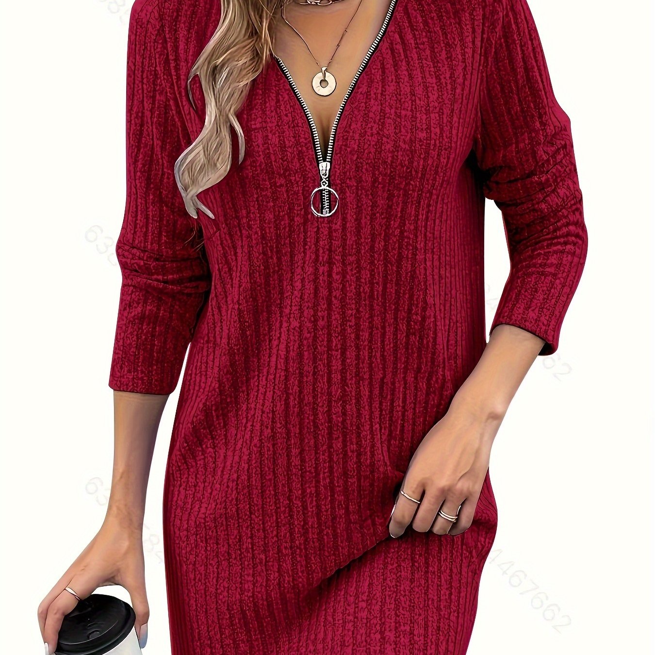 Women's Ribbed Zip-Neck Dress Long Sleeve Fitted Casual Midi