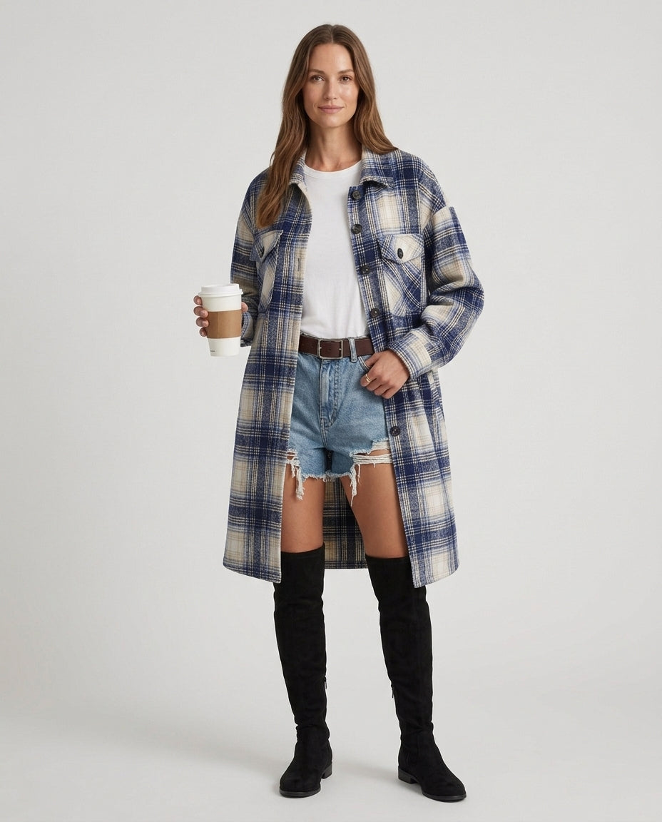 Women's Plaid Flannel Longline Shirt Jacket