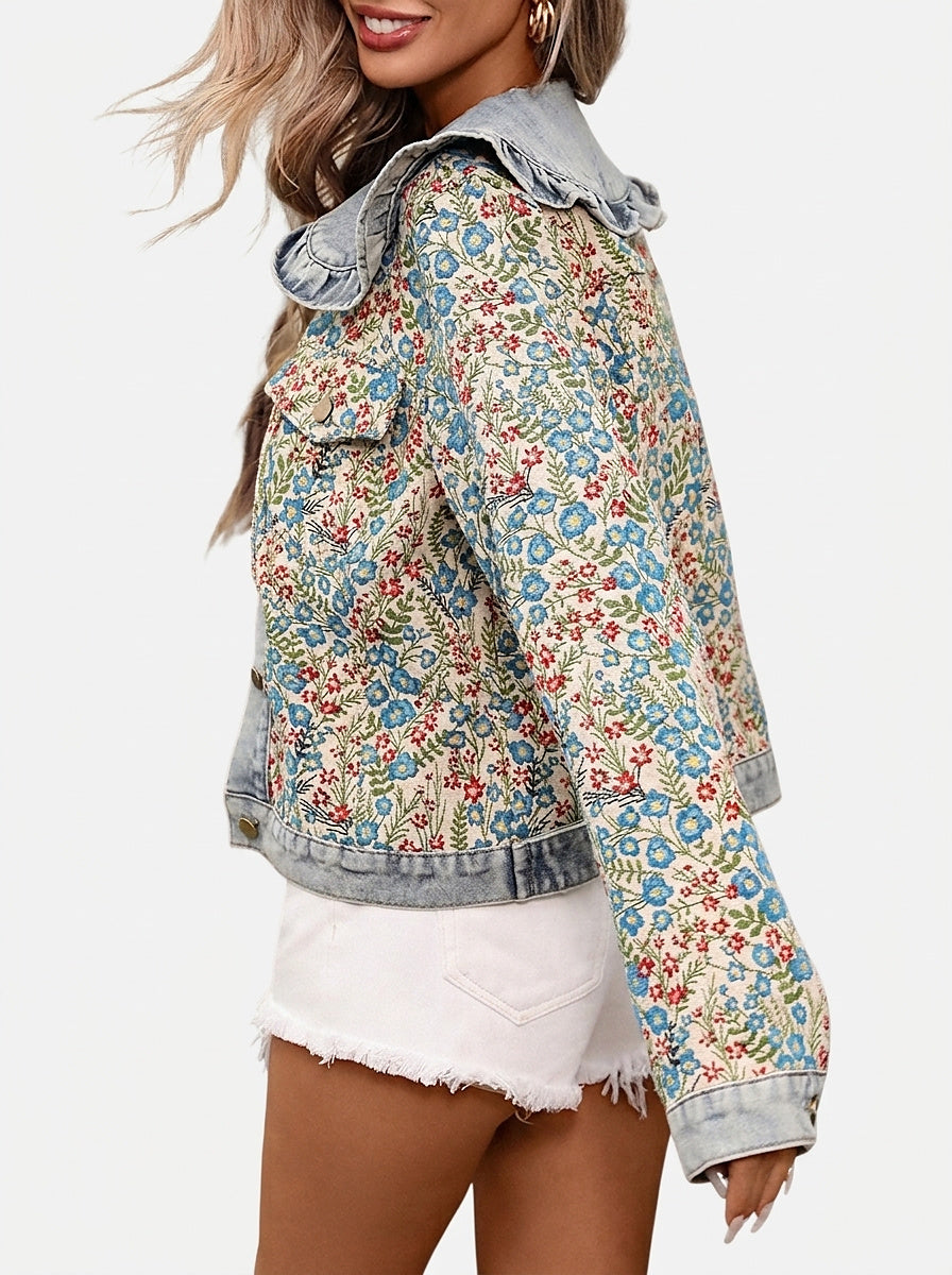 Women's Denim Jacket with Ruffled Peter Pan Collar