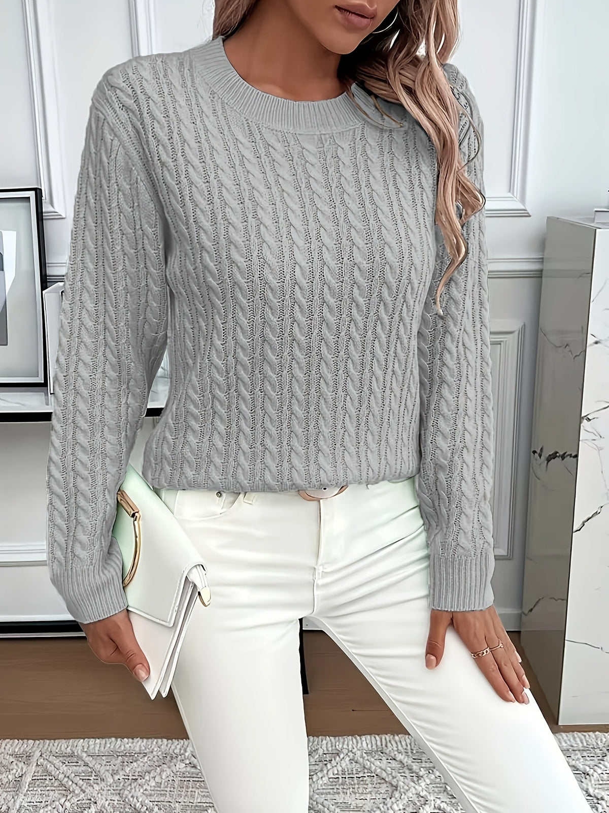 Women's Cozy Cable Knit Sweater Crewneck Long Sleeve Casual Everyday