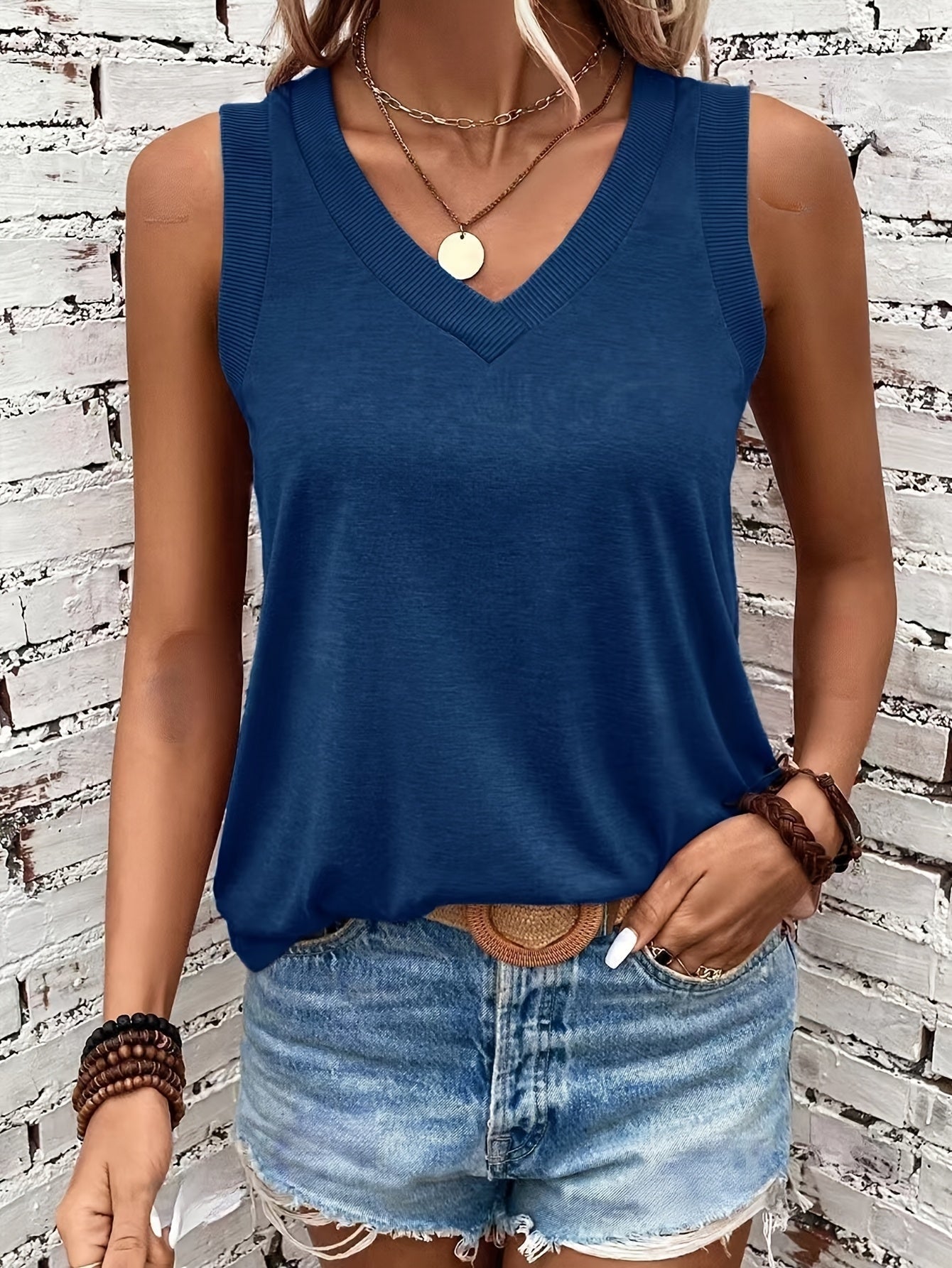 Women's Ribbed V-Neck Tank Casual Top Outfit for Work Brunch Casual Days and Everyday Wear