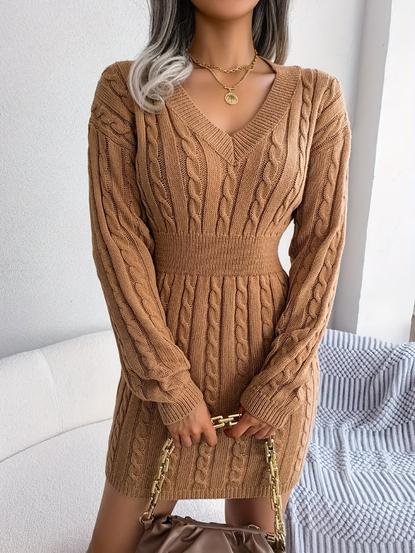 Women's Cable-Knit Peplum Sweater Dress Long Sleeve V-Neck Cozy Midi
