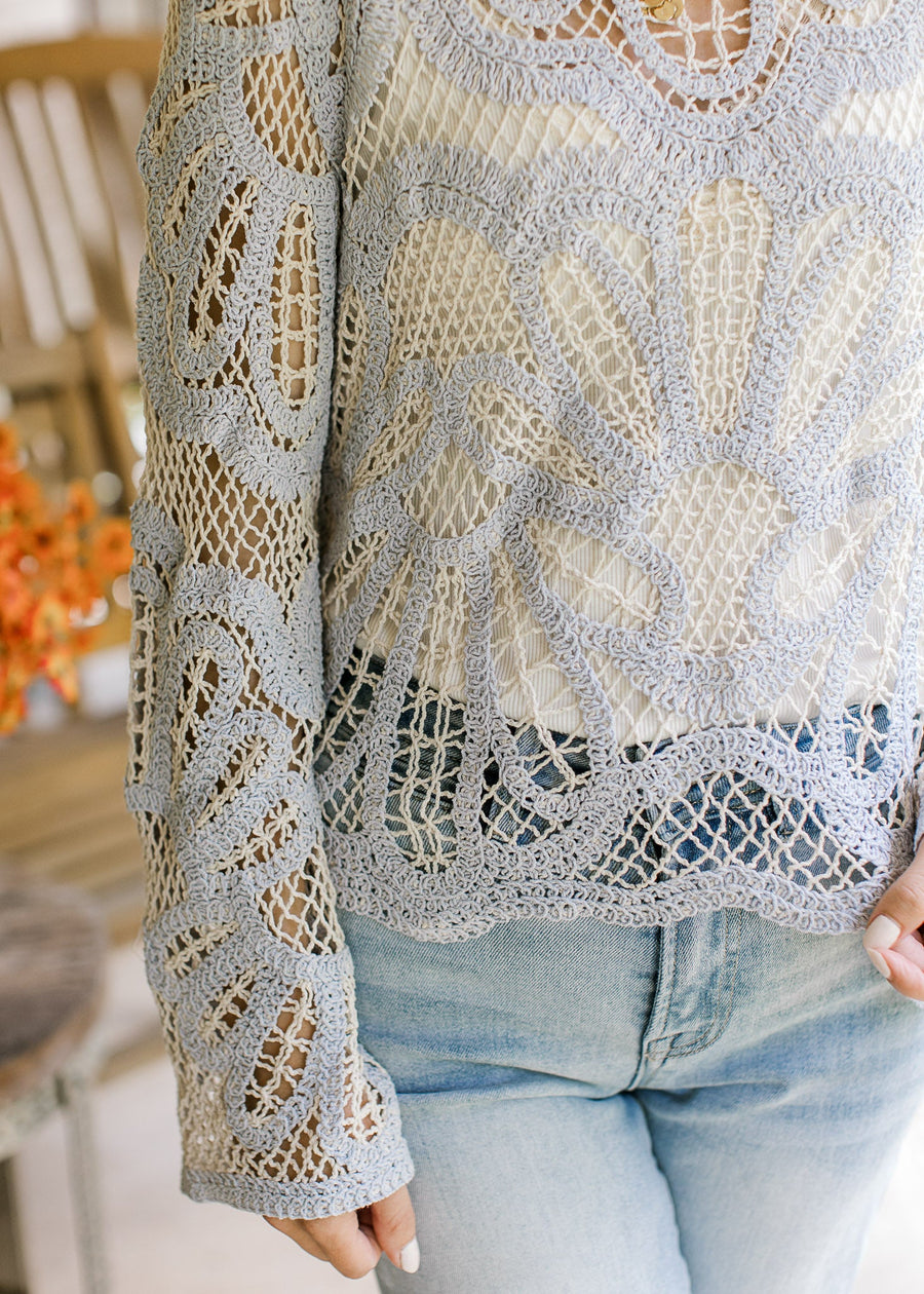 Women's Boho Blue Cream Crochet Top Outfit for Work Brunch Casual Days and Everyday Wear