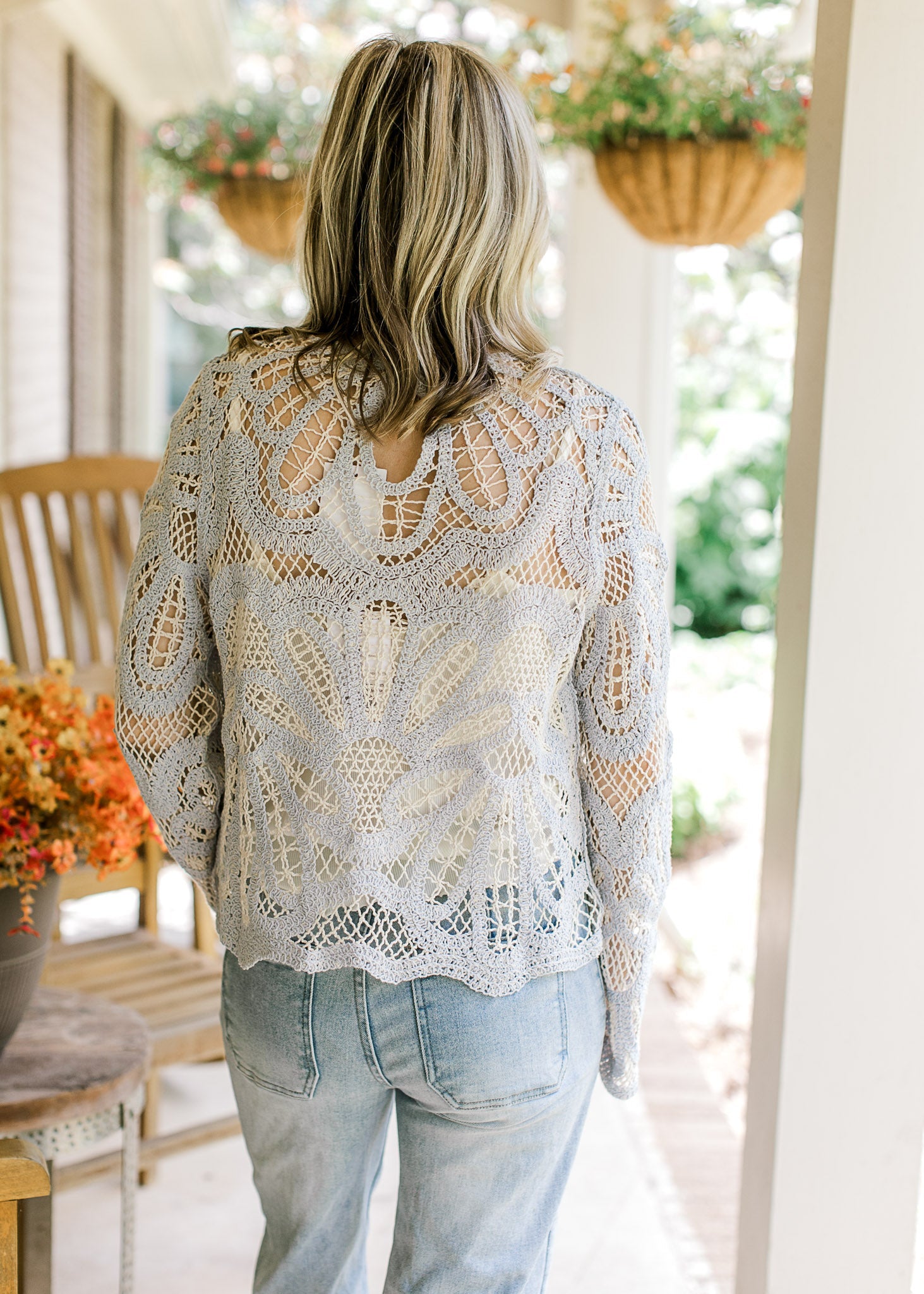 Women's Boho Blue Cream Crochet Top Outfit for Work Brunch Casual Days and Everyday Wear