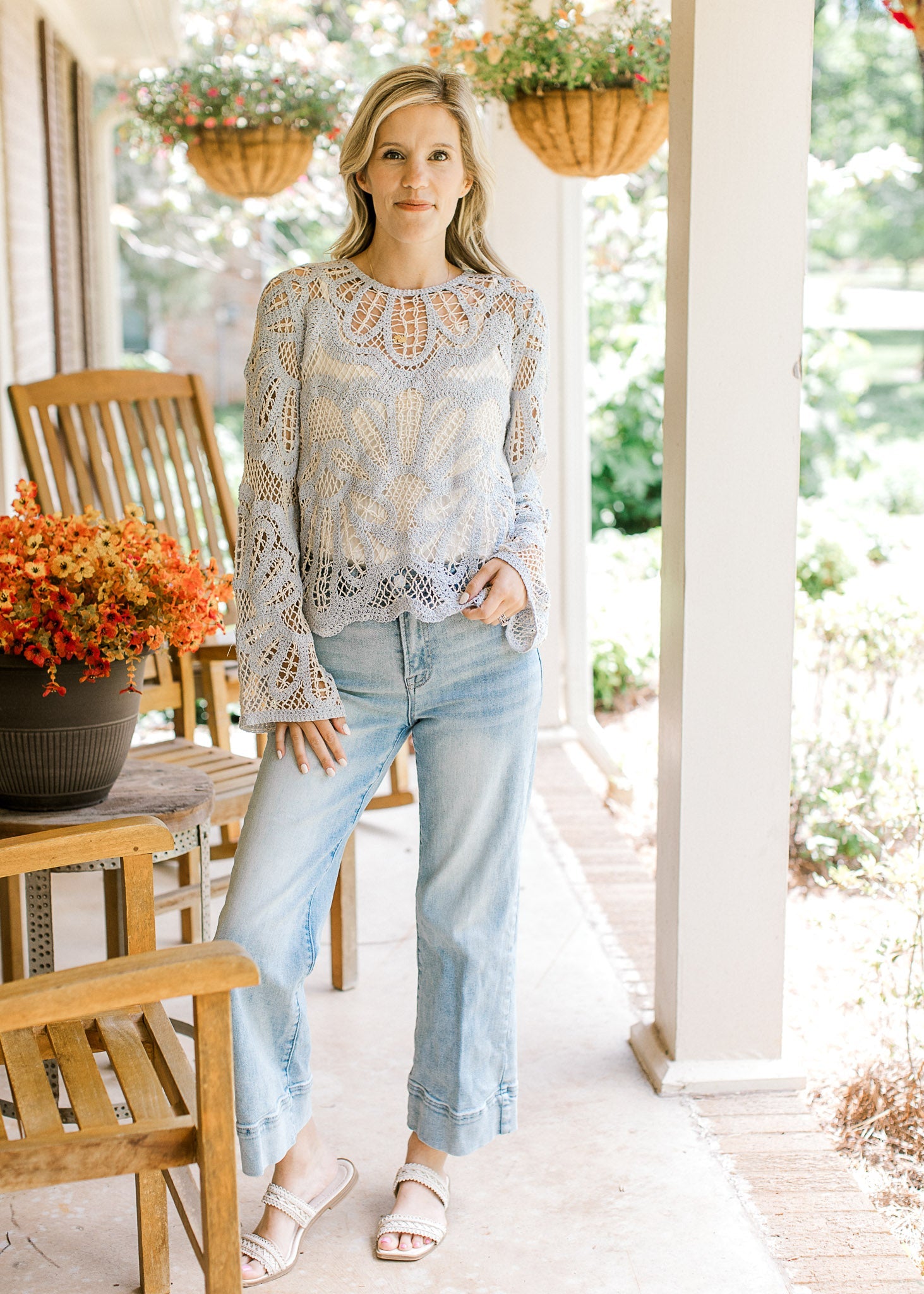 Women's Boho Blue Cream Crochet Top Outfit for Work Brunch Casual Days and Everyday Wear