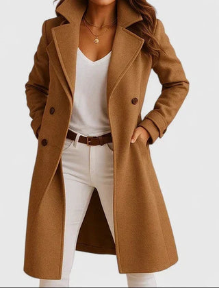 Women's Elegant Double-Breasted Long Coat Tailored Fit Classic Style Outerwear