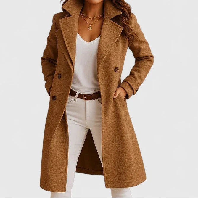 Women's Elegant Double-Breasted Long Coat Tailored Fit Classic Style Outerwear