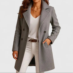Women's Elegant Double-Breasted Long Coat Tailored Fit Classic Style Outerwear