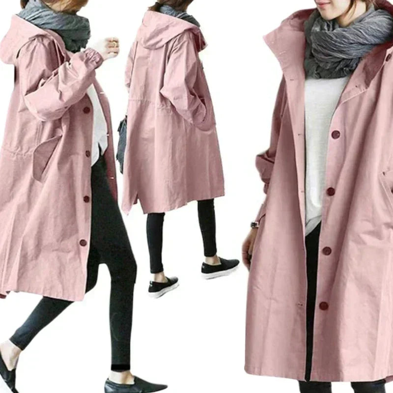 Women's Elegant Hooded Long Coat Stylish Button-Front Closure Warm Layering