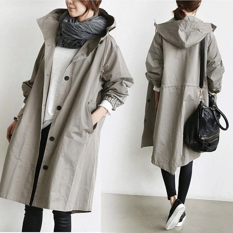 Women's Elegant Hooded Long Coat Stylish Button-Front Closure Warm Layering