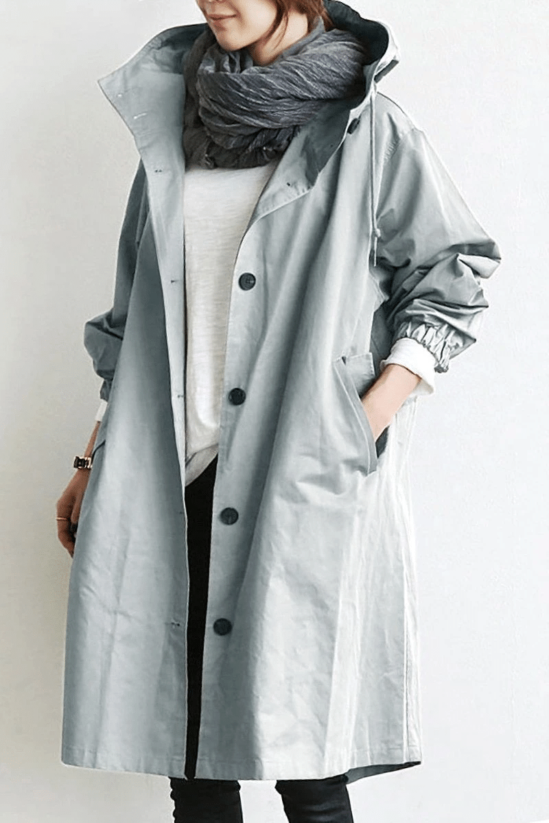 Women's Elegant Hooded Long Coat Stylish Button-Front Closure Warm Layering