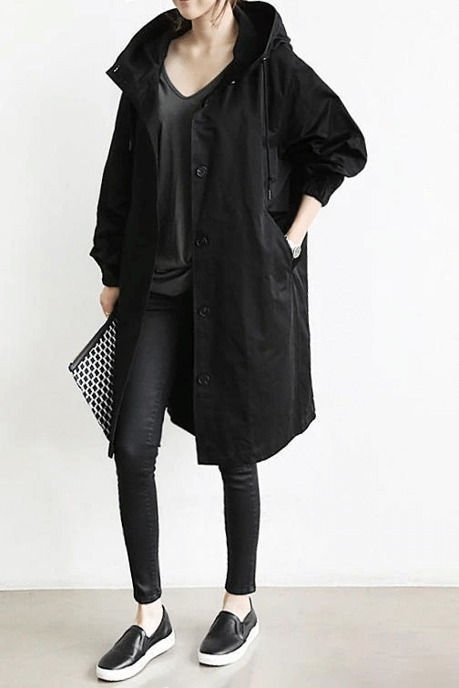 Women's Elegant Hooded Long Coat Stylish Button-Front Closure Warm Layering