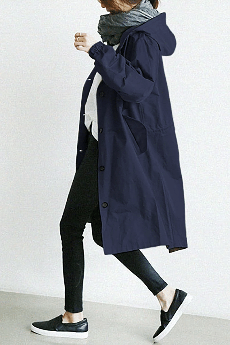 Women's Elegant Hooded Long Coat Stylish Button-Front Closure Warm Layering