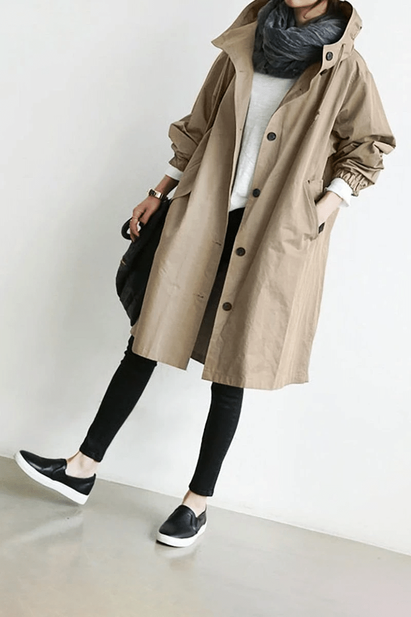 Women's Elegant Hooded Long Coat Stylish Button-Front Closure Warm Layering