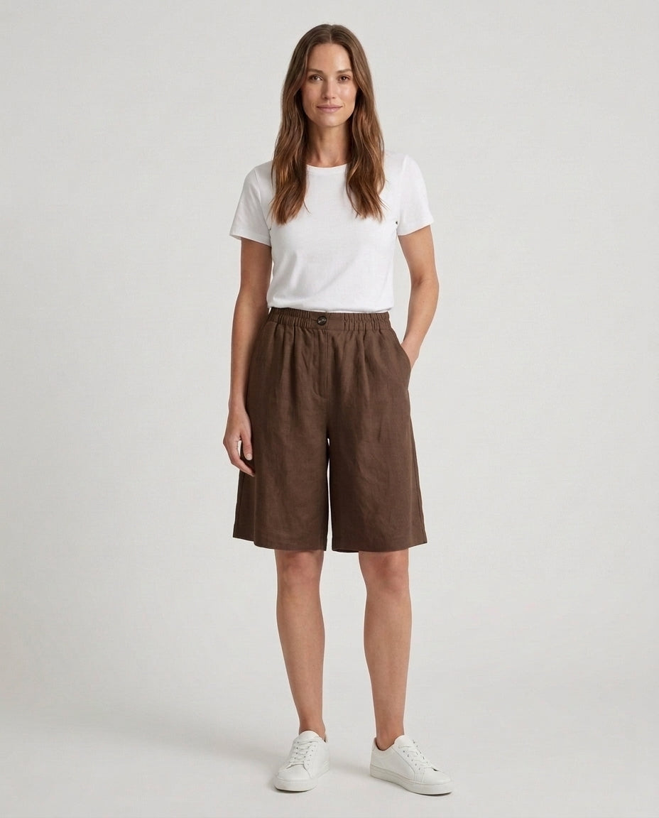 Women's Relaxed Fit Casual Shorts Outfit for Work Casual Days Holidays and Everyday Wear - Brown Front [Lystr 6ac79022b0c2148f076d4bfb:brown:front]