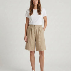 Women's Relaxed Fit Casual Shorts Outfit for Work Casual Days Holidays and Everyday Wear - Beige Front [Lystr 6ac79022b0c2148f076d4bfb:beige:front]