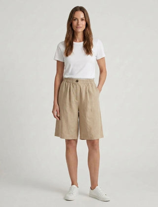 Women's Relaxed Fit Casual Shorts Outfit for Work Casual Days Holidays and Everyday Wear - Beige Front [Lystr 6ac79022b0c2148f076d4bfb:beige:front]