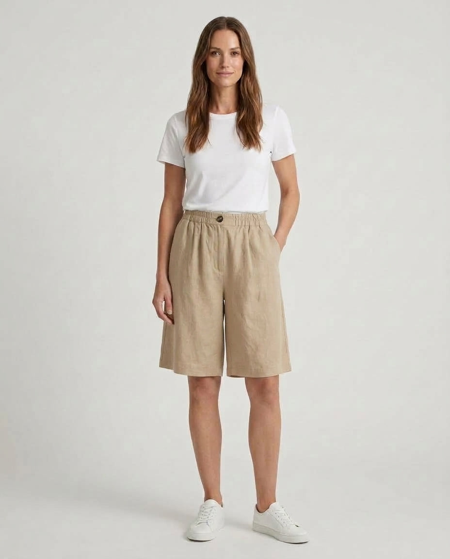 Women's Relaxed Fit Casual Shorts Outfit for Work Casual Days Holidays and Everyday Wear - Beige Front [Lystr 6ac79022b0c2148f076d4bfb:beige:front]