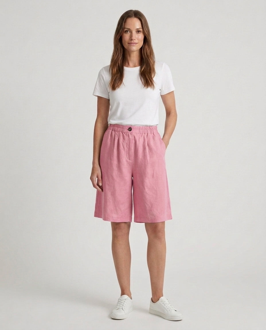 Women's Relaxed Fit Casual Shorts Outfit for Work Casual Days Holidays and Everyday Wear - Pink Front [Lystr 6ac79022b0c2148f076d4bfb:pink:front]