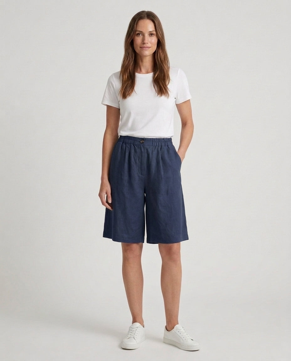 Women's Relaxed Fit Casual Shorts Outfit for Work Casual Days Holidays and Everyday Wear - Navy Blue Front [Lystr 6ac79022b0c2148f076d4bfb:navy blue:front]