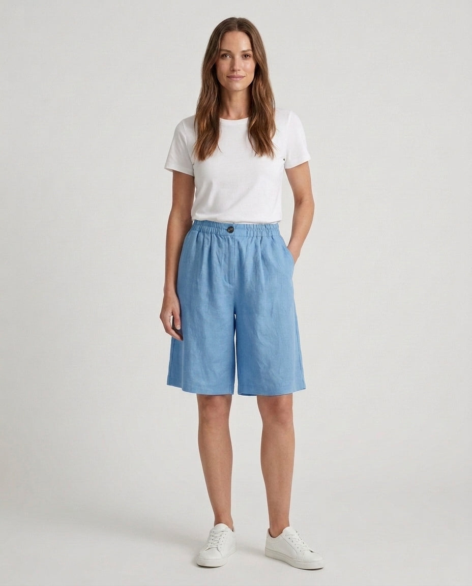 Women's Relaxed Fit Casual Shorts Outfit for Work Casual Days Holidays and Everyday Wear - Sky Blue Front [Lystr 6ac79022b0c2148f076d4bfb:sky blue:front]