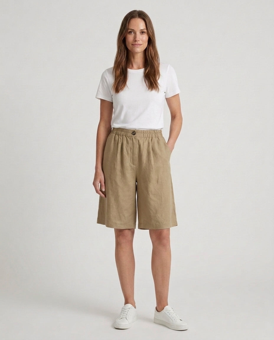 Women's Relaxed Fit Casual Shorts Outfit for Work Casual Days Holidays and Everyday Wear - Khaki Front [Lystr 6ac79022b0c2148f076d4bfb:khaki:front]